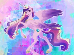 Size: 1280x960 | Tagged: safe, artist:candasaurus, derpibooru import, princess cadance, alicorn, pony, abstract background, female, image, jpeg, mare, rearing, signature, smiling, solo, spread wings, wings