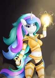 Size: 2480x3508 | Tagged: safe, artist:andelai, derpibooru import, princess celestia, anthro, armor, belly button, breasts, fantasy class, female, image, magic, midriff, png, signature, simple background, smoke, solo, warrior, warrior celestia, windswept hair