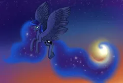 Size: 3050x2050 | Tagged: safe, artist:twilightwolf91, derpibooru import, princess luna, alicorn, pony, ethereal mane, ethereal tail, female, flying, galaxy mane, image, mare, png, sky, solo, stars, sun, tail, twilight (astronomy)