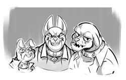 Size: 1529x964 | Tagged: safe, artist:sketchtablet, derpibooru import, fido, rover, spot, diamond dog, bust, evil grin, grin, image, male, monochrome, png, portrait, smiling, trio, trio male