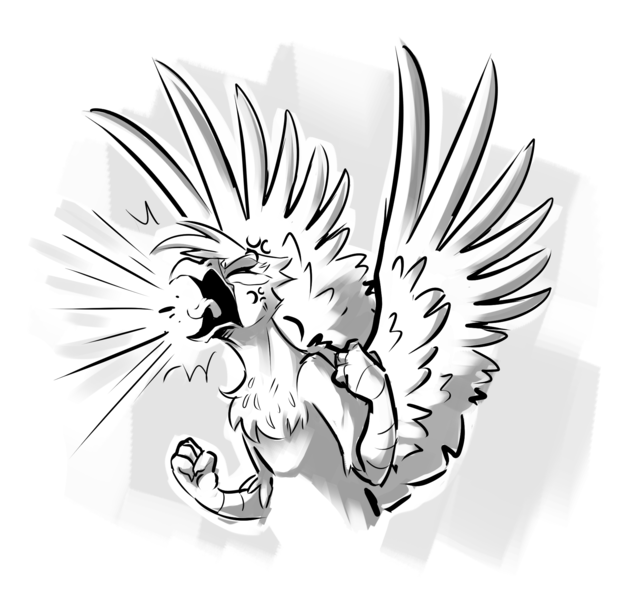 Size: 1950x1845 | Tagged: safe, artist:sketchtablet, derpibooru import, gilda, gryphon, angry, clenched fist, cross-popping veins, emanata, eyes closed, female, image, monochrome, png, rage, screech, solo, spread wings, wings