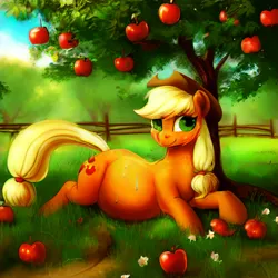 Size: 1024x1024 | Tagged: suggestive, derpibooru import, machine learning generated, applejack, earth pony, pony, apple, apple tree, belly, big belly, food, grass, hat, image, lying down, png, preggo jack, pregnant, solo, tree, under the tree