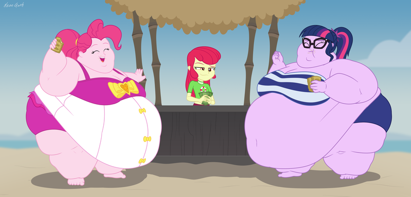 Size: 3000x1440 | Tagged: suggestive, artist:neongothic, derpibooru import, apple bloom, pinkie pie, sci-twi, twilight sparkle, human, equestria girls, bbw, beach, belly, belly button, big belly, bikini, bingo wings, breasts, busty pinkie pie, busty sci-twi, chubby cheeks, cleavage, clothes, clothes swap, double chin, eyes closed, fat, fat ass, fat boobs, fat fetish, female, fetish, food, huge belly, image, morbidly obese, obese, piggy pie, png, ponytail, pudgy pie, sci-twilard, ssbbw, swimsuit, swimsuit swap, thighs, thunder thighs, twilard sparkle, weight gain