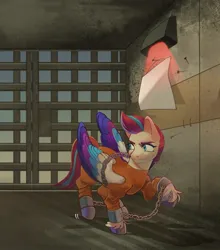 Size: 1637x1857 | Tagged: safe, artist:junkochi_, derpibooru import, zipp storm, pegasus, pony, bound wings, clothes, cuffs, g5, image, jail, jail cell, jpeg, prison, prison outfit, prisoner, shackles, solo, wings