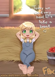 Size: 2480x3425 | Tagged: safe, artist:focusb, derpibooru import, applejack, equestria girls, apple, barefoot, clothes, crossed legs, dialogue, feet, food, freckles, high res, human coloration, image, jpeg, open mouth, overalls, pigtails, soles, solo, sweat, sweaty feet, toes, twintails, younger