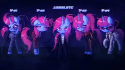 Size: 2560x1440 | Tagged: safe, artist:menalia, derpibooru import, oc, oc:niroh fatal, unofficial characters only, pony, robot, robot pony, unicorn, black background, boots, cigarette, clothes, crazy face, cyberpunk, emotionless, faic, female, gloves, horn, image, jacket, looking at you, mare, metal, necktie, pants, pigtails, png, ponytail, shirt, shoes, simple background, sneakers, sunglasses, t-shirt, text, tired, wallpaper, wires