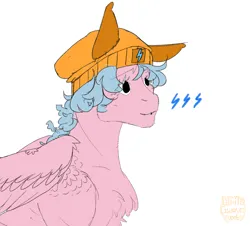 Size: 1174x1062 | Tagged: safe, artist:whitegwava, derpibooru import, firefly, pegasus, pony, chest fluff, curly hair, feathered wings, female, floppy ears, g1, gap teeth, hat, image, mare, png, solo, thunderbolt, wings, winter hat