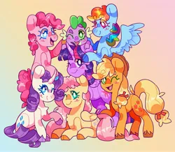 Size: 3847x3361 | Tagged: safe, artist:cocopudu, derpibooru import, applejack, fluttershy, pinkie pie, rainbow dash, rarity, spike, twilight sparkle, twilight sparkle (alicorn), alicorn, dragon, earth pony, pegasus, pony, unicorn, cloven hooves, female, gradient background, group, group photo, image, jpeg, looking at you, male, mane seven, mane six, mare, one eye closed, smiling, smiling at you, tongue out, unshorn fetlocks