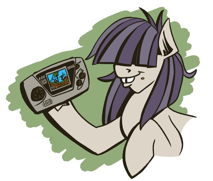 Size: 918x782 | Tagged: safe, artist:cowsrtasty, derpibooru import, oc, oc:dot matrix, unofficial characters only, earth pony, pony, bucktooth, female, game gear, hair over eyes, handheld, hoof hold, image, jpeg, mare, mole, simple background, smiling, solo, white background