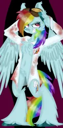 Size: 1018x2061 | Tagged: semi-grimdark, artist:4agonism, derpibooru import, rainbow dash, anthro, digitigrade anthro, pegasus, pony, semi-anthro, fanfic:rainbow factory, arm hooves, belly button, bipedal, blood, blood stains, cheek fluff, chest fluff, clothes, cloven hooves, cutie mark, cutie mark on clothes, dried blood, ear fluff, evil, evil grin, fanfic art, female, fluffy, goggles, goggles on head, grin, holding head, hoof fluff, image, lab coat, leg fluff, looking sideways, mare, partially open wings, png, pubic fluff, rainbow factory dash, sharp teeth, simple background, smiling, solo, solo focus, standing, standing on two hooves, teeth, unshorn fetlocks, wings