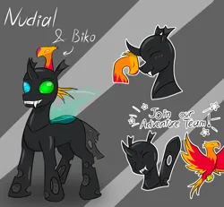 Size: 3189x2953 | Tagged: safe, artist:thatsbadboi, derpibooru import, oc, oc:nudial, changeling, phoenix, changeling oc, concept art, gray background, heterochromia, image, monologue, outline, pet, png, simple background, talking, white outline