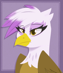 Size: 1096x1280 | Tagged: safe, artist:modularpon, gilda, gryphon, animated, blushing, breathing, bust, cute, folded wings, gildadorable, image, looking away, mp4, purple background, simple background, solo, wings