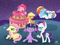 Size: 2048x1536 | Tagged: safe, artist:mcpearly, artist:mcpearly1, derpibooru import, applejack, fluttershy, pinkie pie, rainbow dash, rarity, twilight sparkle, twilight sparkle (alicorn), alicorn, earth pony, pegasus, pony, unicorn, cake, cloud, crying, end of g4, end of ponies, floppy ears, food, image, jpeg, lying down, lying on a cloud, mane six, night, on a cloud, sad, white pupils