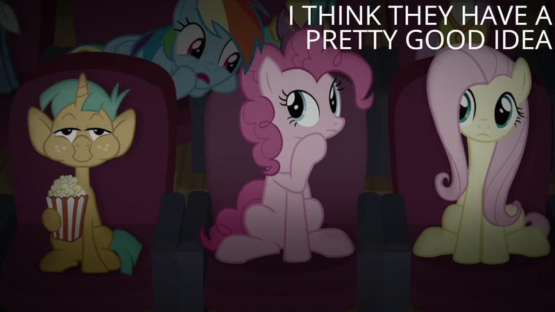 Size: 1920x1080 | Tagged: safe, derpibooru import, edit, edited screencap, editor:quoterific, screencap, fluttershy, pinkie pie, rainbow dash, snails, common ground, food, image, png, popcorn