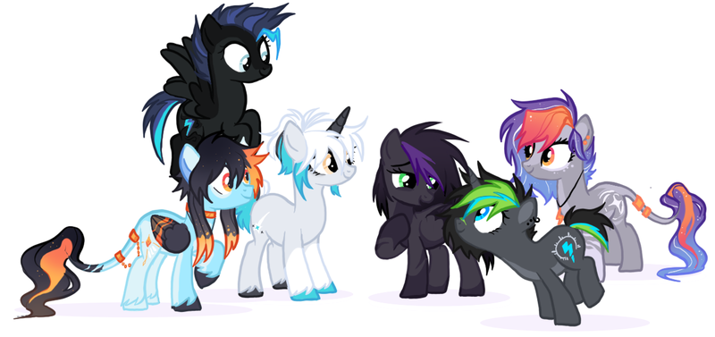 Size: 1312x618 | Tagged: safe, derpibooru import, oc, oc:aux luminance, oc:blaze, oc:phase, oc:shining amber, oc:silver, oc:stormbringer, unofficial characters only, earth pony, pegasus, pony, unicorn, base used, group, image, png, simple background, white background