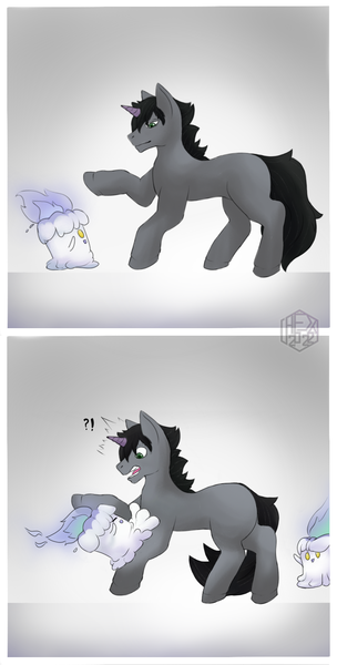 Size: 867x1714 | Tagged: safe, artist:mrhexsins, derpibooru import, oc, oc:hatter, litwick, unicorn, black mane, black tail, candle, comic, comic strip, derpibooru exclusive, fire, green eyes, image, png, pokémon, shocked, solo, tail