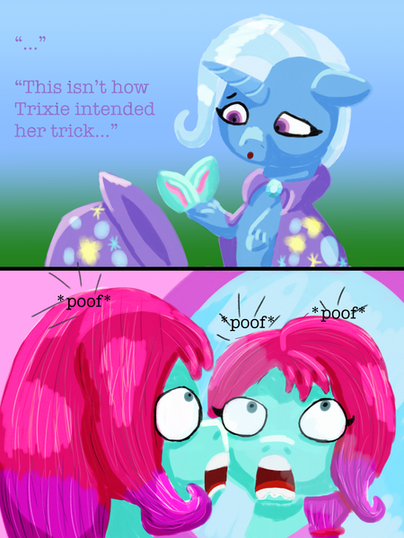 Size: 1800x2400 | Tagged: safe, artist:the crystal artist, derpibooru import, trixie, earth pony, pony, unicorn, big eyes, cape, cartoon physics, clothes, comic, confused, derpibooru exclusive, dialogue, ears, fail, female, g4, g5, gradient background, hat, horrified, image, jazz (g5), jazz has no ears, joke, lineless, magic trick, mare, meme, mirror, missing ear, modular, no ears, oops, open mouth, panels, png, poof, reflection, screaming, shading, shocked, shocked eyes, silly, stars, text, this did not end well, trixie's cape, trixie's hat, unshorn fetlocks