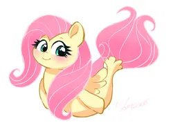 Size: 2581x1865 | Tagged: safe, artist:leo19969525, derpibooru import, fluttershy, hybrid, pony, sea pony, seapony (g4), blushing, cyan eyes, dock, ears up, female, image, jpeg, looking at you, mane, mare, pink mane, pink tail, seaponified, seapony fluttershy, simple background, smiling, smiling at you, solo, species swap, tail, white background, wings