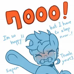 Size: 2048x2048 | Tagged: safe, artist:maren, derpibooru import, oc, oc:blue chewings, unofficial characters only, earth pony, pony, bust, crying, dialogue, eyes closed, image, jpeg, meta, milestone, simple background, solo, tears of joy, twitter, waving, white background