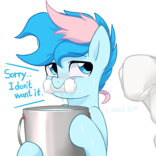 Size: 2600x2600 | Tagged: safe, artist:maren, derpibooru import, oc, oc:blue chewings, unofficial characters only, earth pony, pony, blushing, bucket, bucket of water, bust, chew toy, dialogue, holding, image, jpeg, offscreen character, simple background, sweat, white background