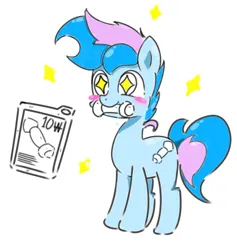 Size: 1102x1164 | Tagged: safe, artist:mlp_button_, derpibooru import, oc, oc:blue chewings, unofficial characters only, earth pony, pony, blush sticker, blushing, chew toy, image, jpeg, korean, moon runes, simple background, solo, starry eyes, white background, wingding eyes