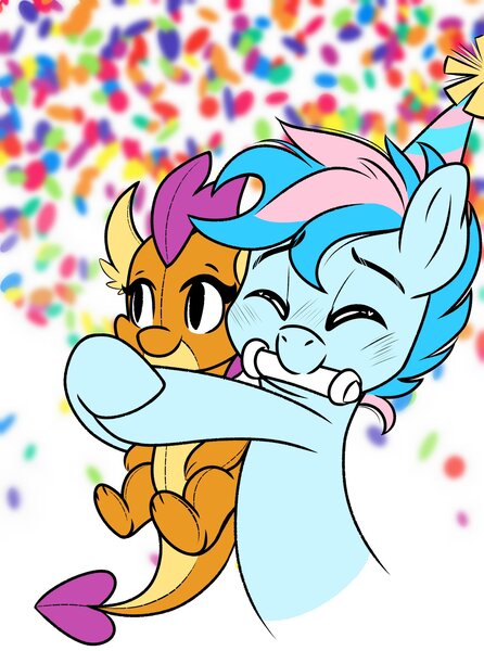 Size: 1524x2048 | Tagged: safe, artist:emberslament, derpibooru import, smolder, oc, oc:blue chewings, earth pony, pony, bust, confetti, eyes closed, hat, hug, image, jpeg, party hat, plushie