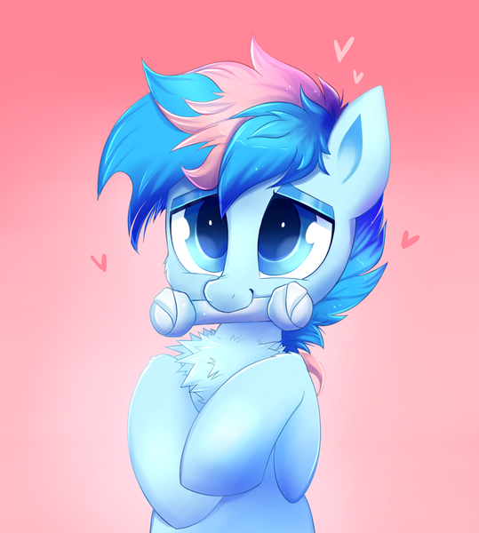 Size: 1538x1713 | Tagged: safe, artist:confetticakez, derpibooru import, oc, oc:blue chewings, unofficial characters only, earth pony, pony, bust, chest fluff, chew toy, cute, gradient background, heart, image, png, solo