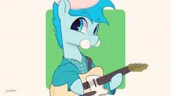 Size: 1024x576 | Tagged: safe, artist:matterproblem, derpibooru import, oc, oc:blue chewings, unofficial characters only, earth pony, pony, bust, clothes, flannel, guitar, image, jpeg, musical instrument, simple background, solo