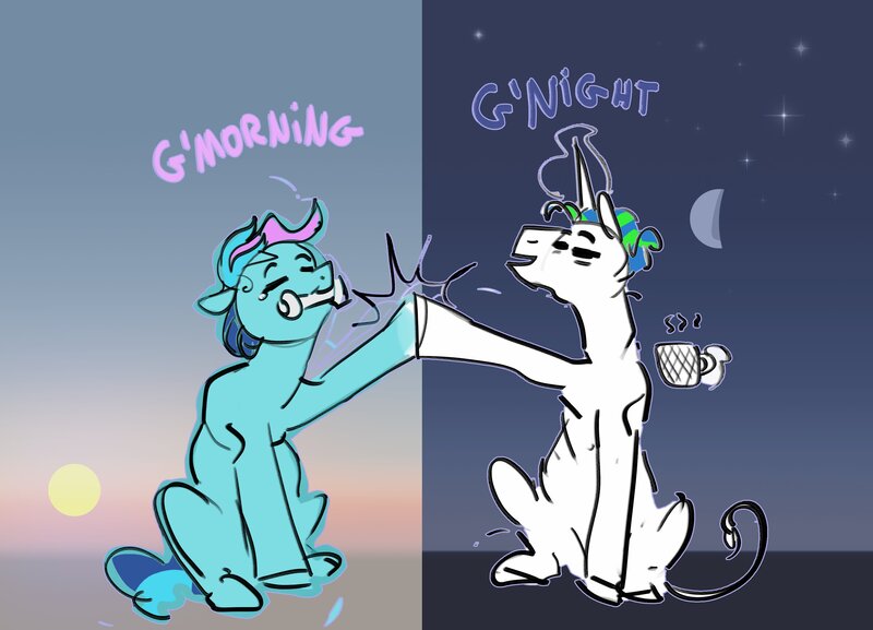 Size: 3214x2319 | Tagged: safe, artist:alumx, derpibooru import, oc, oc:alumx, oc:blue chewings, unofficial characters only, earth pony, pony, unicorn, duo, eyes closed, good morning, good night, hoofbump, image, jpeg, mug, sitting