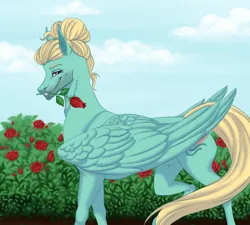 Size: 1280x1151 | Tagged: safe, artist:clouris, derpibooru import, zephyr breeze, pegasus, pony, flower, flower in mouth, image, jpeg, looking at you, male, mouth hold, rose, rose in mouth, smiling, solo, stallion