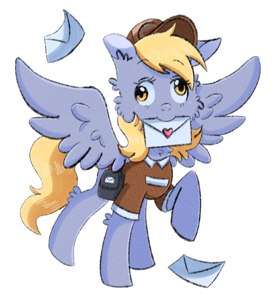 Size: 1532x1671 | Tagged: safe, derpibooru import, derpy hooves, ditzy doo, fluffy pony, pegasus, pony, blonde, blonde hair, chest fluff, cute, female, food, heart, image, letter, looking at you, lovely, muffin, png, postman, postman's hat, solo, solo female, squint, wings