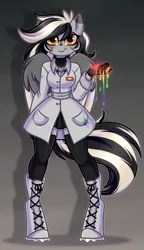 Size: 1705x2953 | Tagged: safe, artist:kannakiller, derpibooru import, oc, unofficial characters only, anthro, pegasus, pony, fanfic:rainbow factory, badge, belt, clothes, dark background, digital art, dye, eyelashes, fanfic art, female, full body, gift art, gloves, golden eyes, image, jacket, lacing, liquid, looking at you, mare, paint, pegasus oc, png, pockets, robe, simple background, skirt, smiling, smiling at you, socks, solo, stockings, sweater, tail, thigh highs, turtleneck, wings