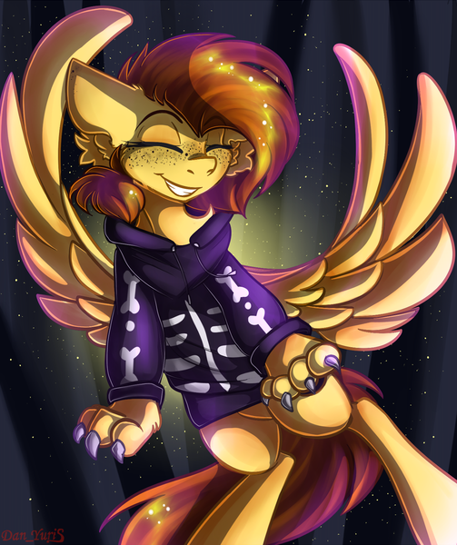 Size: 1424x1700 | Tagged: safe, artist:yuris, derpibooru import, oc, oc:yuris, unofficial characters only, pegasus, pony, werewolf, brown mane, claws, clothes, eyes closed, floppy ears, forest, freckles, halloween, holiday, hoodie, image, paws, png, sequins, simple background, smiling, solo, spread wings, tree, wings, yellow skin