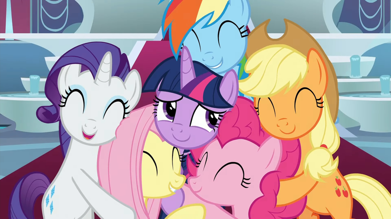 Size: 1920x1080 | Tagged: safe, derpibooru import, screencap, applejack, fluttershy, pinkie pie, rainbow dash, rarity, twilight sparkle, twilight sparkle (alicorn), alicorn, earth pony, pegasus, pony, unicorn, season 9, the beginning of the end, spoiler:s09, 1080p, ^^, applejack's hat, bipedal, cowboy hat, cute, daaaaaaaaaaaw, dashabetes, diapinkes, everypony is best pony, eyes closed, female, group hug, happiness, happy, hat, hug, image, jackabetes, mane six, mare, open mouth, png, raribetes, shyabetes, smiling, twiabetes