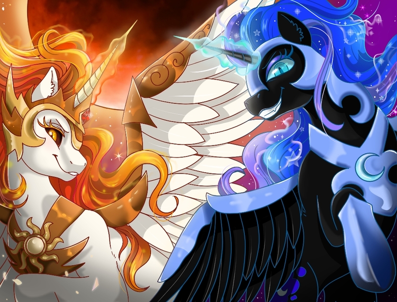 Size: 1025x780 | Tagged: safe, artist:phoenixfox96, derpibooru import, daybreaker, nightmare moon, princess celestia, princess luna, alicorn, pony, armor, artfight, blue eyes, blue mane, colored pupils, curved horn, digital art, ear fluff, ethereal mane, eyelashes, eyeshadow, feather, female, flowing mane, glow, glowing horn, helmet, hoof shoes, horn, image, jpeg, looking at you, magic, makeup, mare, orange eyes, orange mane, peytral, royal sisters, siblings, sisters, smiling, spread wings, starry mane, stars, teeth, wing armor, wings