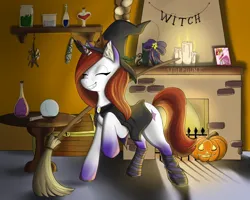 Size: 1350x1080 | Tagged: safe, artist:volpoune, derpibooru import, oc, unofficial characters only, pony, unicorn, brony, broom, candle, digital art, fireplace, halloween, hat, holiday, horn, image, jack-o-lantern, png, pumpkin, spooky, unicorn oc, witch hat