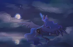 Size: 7000x4500 | Tagged: safe, artist:forcegreat, derpibooru import, princess luna, alicorn, pony, female, glow, glowing horn, horn, image, jpeg, moon, night, solo