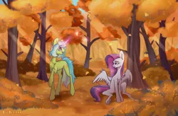 Size: 3800x2500 | Tagged: safe, artist:forcegreat, derpibooru import, oc, unofficial characters only, pegasus, pony, unicorn, autumn, crepuscular rays, duo, female, forest, glow, glowing horn, horn, image, jpeg, leaves, pegasus oc, tree, unicorn oc, wings