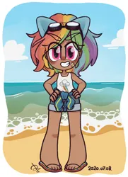 Size: 1482x2048 | Tagged: safe, artist:oc_ponys, derpibooru import, kotobukiya, rainbow dash, human, bandaid, beach, chibi, cloud, dark skin, eye clipping through hair, eyebrows, eyebrows visible through hair, flip-flops, grin, hand on hip, humanized, image, jpeg, kotobukiya rainbow dash, looking at you, sandals, smiling, smiling at you, solo, standing