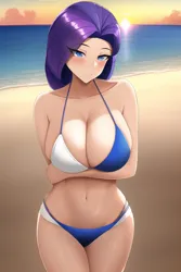 Size: 512x768 | Tagged: suggestive, derpibooru import, machine learning generated, novelai, stable diffusion, rarity, human, absolute cleavage, adorasexy, anime, anime style, arm behind back, arm under breasts, beach, beautisexy, belly button, big breasts, blue bikini, blue eyes, blushing, breasts, busty rarity, cleavage, clothes, cute, female, huge breasts, humanized, image, looking at you, mismatched underwear, ocean, png, sand, sexy, solo, solo female, sunrise, swimsuit, two-piece swimsuit, underwear, water, wave, white bikini, wide hips