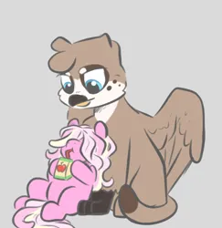 Size: 850x876 | Tagged: safe, artist:smirk, derpibooru import, oc, oc:candy floss, oc:gravel, unofficial characters only, earth pony, gryphon, pony, brother and sister, duo, female, filly, foal, griffon oc, hair over eyes, image, juice, juice box, male, png, siblings, simple background, sitting