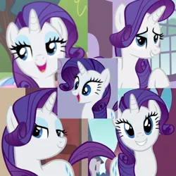 Size: 720x720 | Tagged: safe, derpibooru import, edit, screencap, rarity, unicorn, canterlot boutique, filli vanilli, sisterhooves social, spike at your service, the gift of the maud pie, collage, image, jpeg