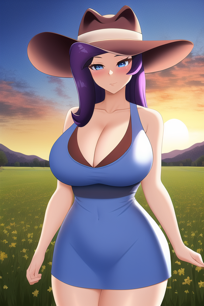 Size: 512x768 | Tagged: suggestive, derpibooru import, machine learning generated, novelai, stable diffusion, rarity, human, anime, anime style, beautisexy, big breasts, blue dress, blue sky, blushing, breasts, busty rarity, cleavage, clothes, cowboy hat, cowgirl, curvy, farm, female, flower, grass, grass field, hat, hourglass figure, huge breasts, humanized, image, looking at you, morning, mountain, mountain range, png, sexy, solo, solo female, sunrise, thicc thighs, thighs, wide hips