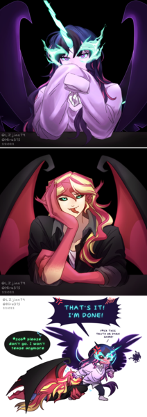 Size: 1400x3959 | Tagged: safe, artist:lzjian79, artist:moonsunisrealmm, derpibooru import, sci-twi, sunset shimmer, twilight sparkle, equestria girls, black sclera, blushing, collaboration, cross-popping veins, dialogue, duo, emanata, female, forked tongue, image, midnight sparkle, png, sunset satan, tongue out, truth or dare