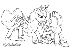 Size: 3000x2000 | Tagged: safe, artist:theandymac, derpibooru import, princess luna, unnamed character, unnamed pony, oc, unnamed oc, alicorn, pegasus, pony, comic:luna noms her guards, armor, body armor, bondage, cartoon physics, comic, commission, crouching, crown, digestion, digestion without weight gain, dropped, duo, eaten alive, ethereal mane, ethereal tail, eyes closed, female, folded wings, gritted teeth, guard, guard armor, hammerspace, hammerspace belly, height difference, helmet, high res, hoof shoes, hungry, image, imminent death, implied death, implied digestion, impossibly long tongue, jewelry, lidded eyes, long mane, long tail, long tongue, lunapred, male, mare, missing accessory, monochrome, motion lines, no source available, open mouth, pegasus oc, png, post-vore, prehensile mane, prehensile tongue, princess shoes, raised hoof, regalia, royal guard, same size vore, signature, sitting, slim, spear, stallion, tail, tall, teeth, terrified, thin, tongue out, vore, vore sequence, weapon, wings