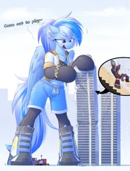 Size: 1080x1421 | Tagged: safe, artist:movieskywalker, derpibooru import, oc, oc:ravist, oc:skywalk shadow, earth pony, pegasus, pony, bipedal, blue skin, boots, brown mane, building, chinese text, city, cityscape, clothes, derpibooru exclusive, destruction, dialogue, duo, ear fluff, earth pony oc, falling, female, grey skin, hockless socks, hoodie, image, looking at something, macro, male, moon runes, multicolored hair, multicolored tail, outfit, pants, pegasus oc, pink eyes, png, red eyes, restaurant, shaking, shoes, size difference, smiling, socks, stairs, tail, wings