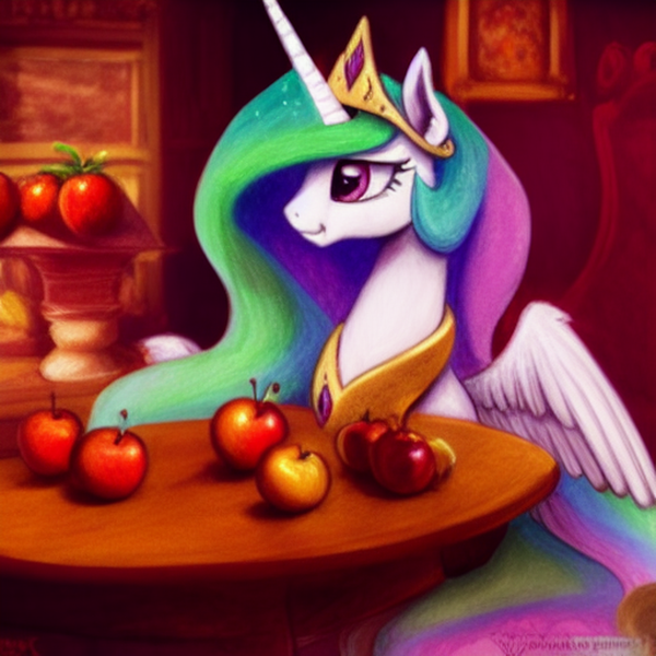 Size: 1024x1024 | Tagged: safe, derpibooru import, editor:dovakkins, machine learning generated, purplesmart.ai, stable diffusion, princess celestia, alicorn, pony, :t, apple, beautiful, bust, crown, cute, female, food, g4, image, jewelry, mare, png, portrait, regalia, smiling, solo, table