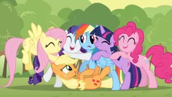 Size: 1920x1080 | Tagged: safe, derpibooru import, screencap, applejack, fluttershy, pinkie pie, rainbow dash, rarity, twilight sparkle, earth pony, pegasus, pony, unicorn, season 2, the return of harmony, 1080p, ^^, cute, diapinkes, eyes closed, female, group hug, happy, hug, image, jackabetes, mane six, mare, open mouth, png, raribetes, shyabetes, smiling, twiabetes, unicorn twilight