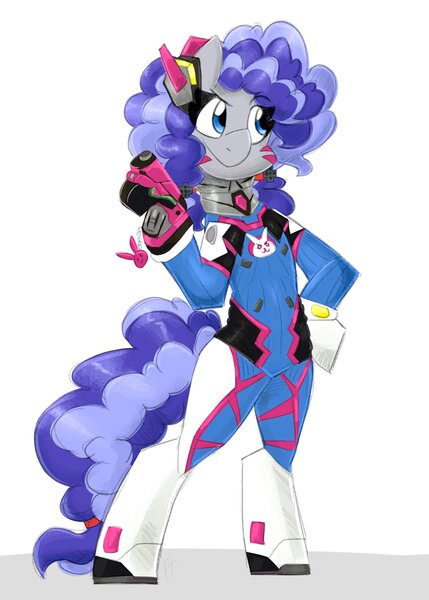 Size: 2000x2800 | Tagged: safe, artist:flutterthrash, derpibooru import, oc, oc:cinnabyte, unofficial characters only, earth pony, semi-anthro, clothes, cosplay, costume, d.va, gun, handgun, image, jpeg, overwatch, pistol, solo, weapon