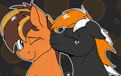 Size: 2397x1503 | Tagged: safe, artist:sefastpone, derpibooru import, oc, oc:mixtape, oc:se, unofficial characters only, earth pony, pony, abstract background, digital art, freckles, gay, image, kiss on the cheek, kissing, male, png, stallion